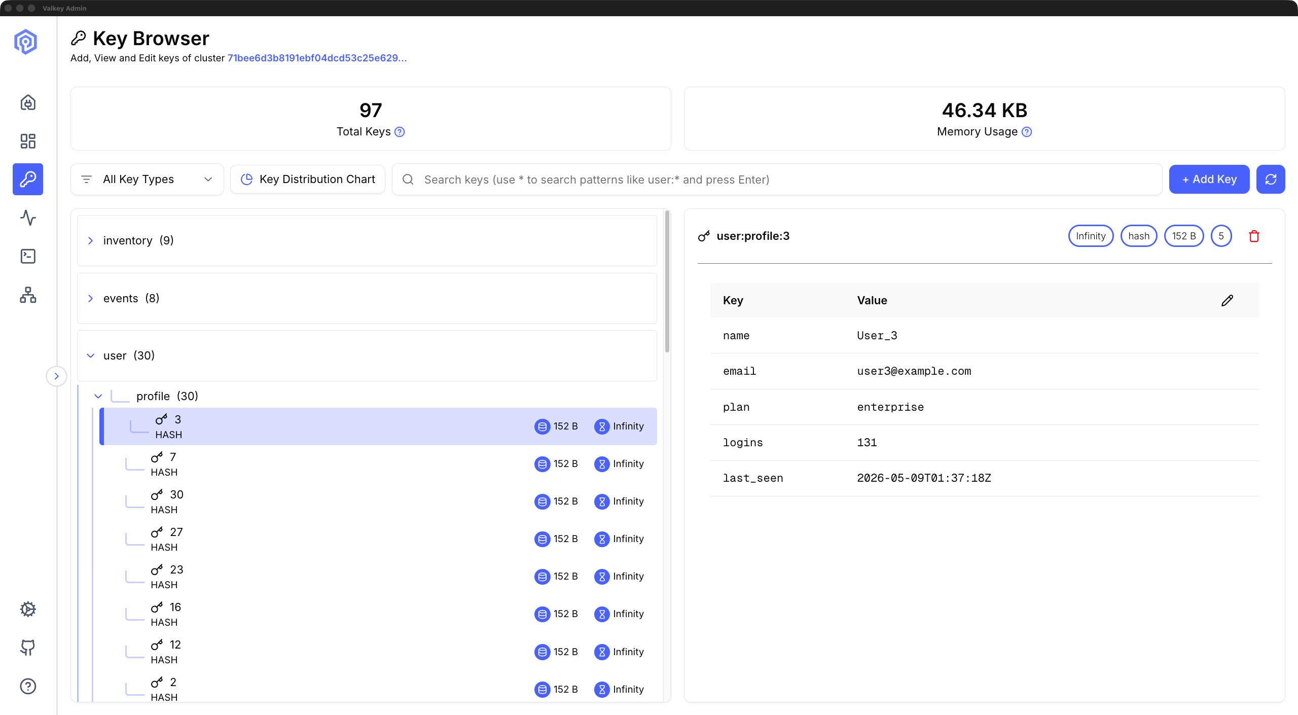 Key Browser inspection panel displaying a selected key's value, TTL, and metadata, with controls to edit the value and refresh the entry